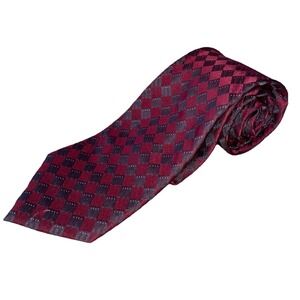Calvin Klein Mens 100% Silk NeckTie, Red&Gray Check Pattern Tie 58"x3.25"‎